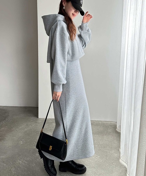 GeeRA（ジーラ）の「<裏起毛>セットアップ風ハーフジップスウェットドッキングワンピース（ワンピース・レディース・杢グレー/ブラック・MEDIUM/LARGE）」の9枚目の写真