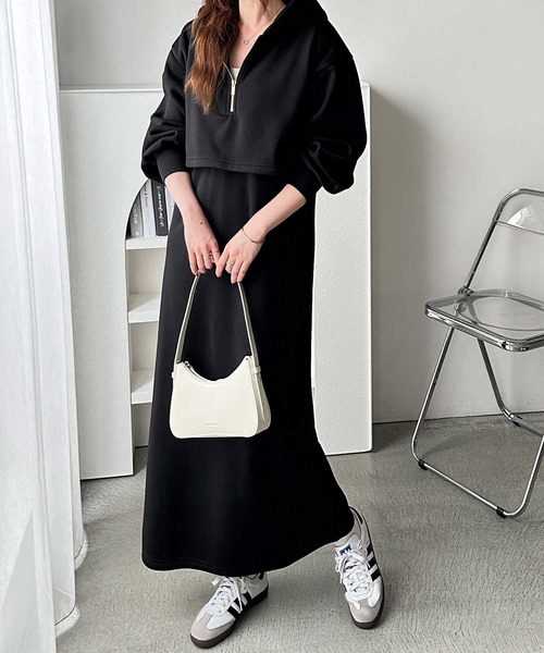 GeeRA（ジーラ）の「<裏起毛>セットアップ風ハーフジップスウェットドッキングワンピース（ワンピース・レディース・杢グレー/ブラック・MEDIUM/LARGE）」の3枚目の写真