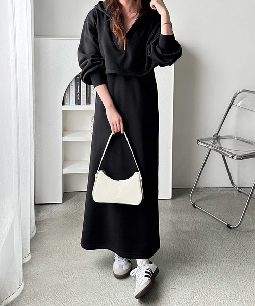 GeeRA（ジーラ）の「<裏起毛>セットアップ風ハーフジップスウェットドッキングワンピース（ワンピース・レディース・杢グレー/ブラック・MEDIUM/LARGE）」の4枚目の写真