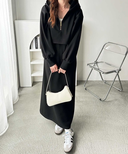 セール】1枚で旬スタイルが完成！セットアップ風ハーフジップ裏起毛