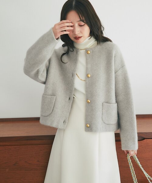La boutique BonBon(ラブティックボンボン)の「【春まで使える!・着回し力抜群】ハイクオリティウール接結ジャケットカーディガン(ノーカラージャケット・レディース・ライトベージュ/ネイビー/ライトグレー/ピンク/ブラック・FREE)」の8枚目の写真