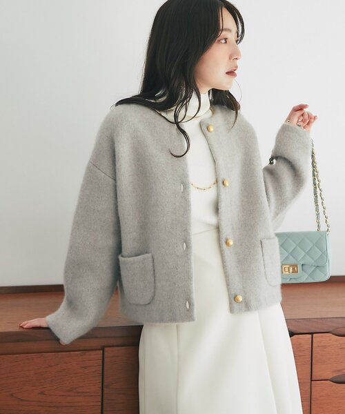 La boutique BonBon(ラブティックボンボン)の「【春まで使える!・着回し力抜群】ハイクオリティウール接結ジャケットカーディガン(ノーカラージャケット・レディース・ライトベージュ/ネイビー/ライトグレー/ピンク/ブラック・FREE)」の9枚目の写真