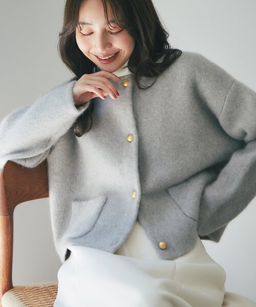 La boutique BonBon(ラブティックボンボン)の「【春まで使える!・着回し力抜群】ハイクオリティウール接結ジャケットカーディガン(ノーカラージャケット・レディース・ライトベージュ/ネイビー/ライトグレー/ピンク/ブラック・FREE)」の14枚目の写真
