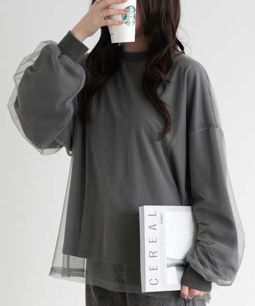 SUNFLOWER EIGHT(サンフラワーエイト)の「チュール レイヤード長袖ロンT(Tシャツ/カットソー・レディース・ベージュ/ライトグレー/ブラック/チャコール・FREE)」の3枚目の写真