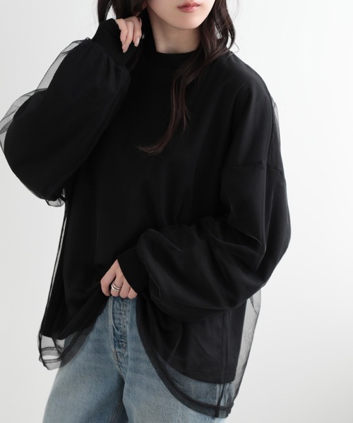 SUNFLOWER EIGHT(サンフラワーエイト)の「チュール レイヤード長袖ロンT(Tシャツ/カットソー・レディース・ベージュ/ライトグレー/ブラック/チャコール・FREE)」の1枚目の写真