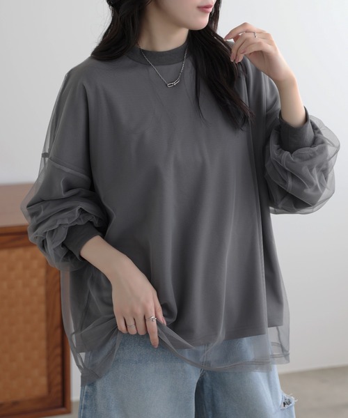 SUNFLOWER EIGHT(サンフラワーエイト)の「チュール レイヤード長袖ロンT(Tシャツ/カットソー・レディース・ベージュ/ライトグレー/ブラック/チャコール・FREE)」の5枚目の写真