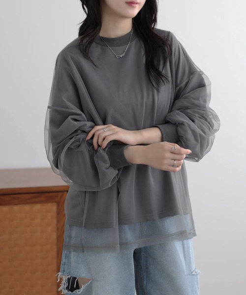 SUNFLOWER EIGHT(サンフラワーエイト)の「チュール レイヤード長袖ロンT(Tシャツ/カットソー・レディース・ベージュ/ライトグレー/ブラック/チャコール・FREE)」の6枚目の写真