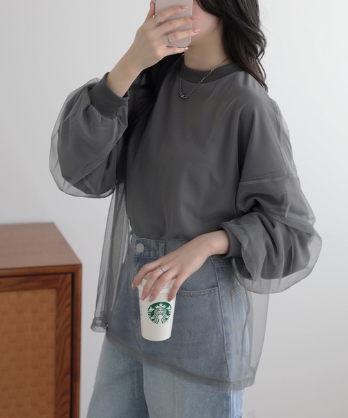 SUNFLOWER EIGHT(サンフラワーエイト)の「チュール レイヤード長袖ロンT(Tシャツ/カットソー・レディース・ベージュ/ライトグレー/ブラック/チャコール・FREE)」の8枚目の写真