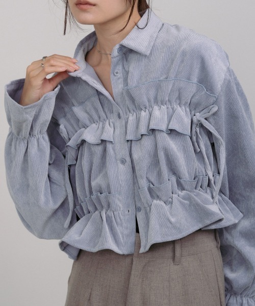 Bab（バブ）の「コーデュロイシャーリングリボンショートブラウス（シャツ/ブラウス・レディース・ブラック/アイボリー/ブルー・M）」の3枚目の写真