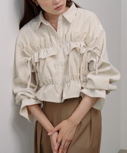 Bab（バブ）の「コーデュロイシャーリングリボンショートブラウス（シャツ/ブラウス・レディース・ブラック/アイボリー/ブルー・M）」の5枚目の写真