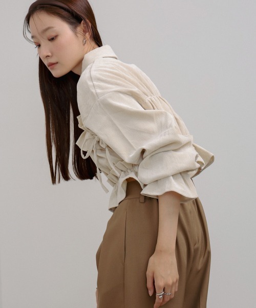 セール】コーデュロイシャーリングリボンショートブラウス（シャツ