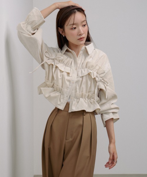 Bab（バブ）の「コーデュロイシャーリングリボンショートブラウス（シャツ/ブラウス・レディース・ブラック/アイボリー/ブルー・M）」の8枚目の写真