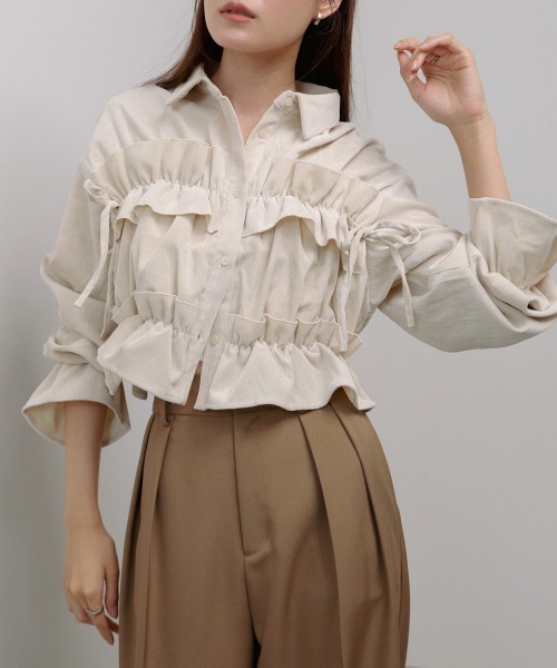 Bab（バブ）の「コーデュロイシャーリングリボンショートブラウス（シャツ/ブラウス・レディース・ブラック/アイボリー/ブルー・M）」の11枚目の写真