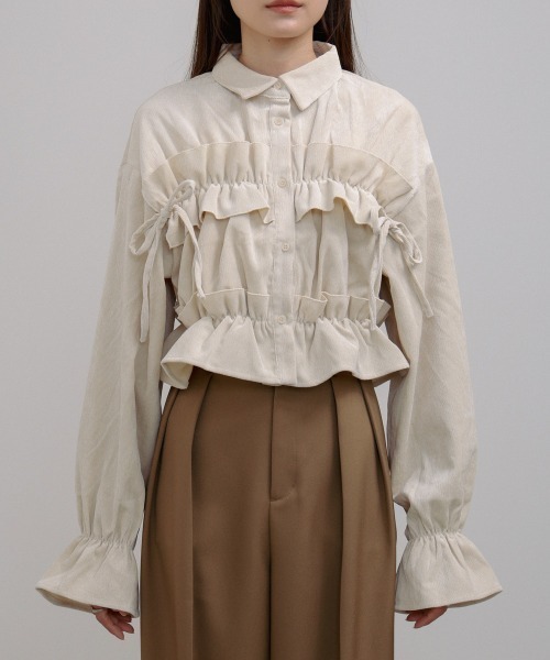 Bab（バブ）の「コーデュロイシャーリングリボンショートブラウス（シャツ/ブラウス・レディース・ブラック/アイボリー/ブルー・M）」の12枚目の写真