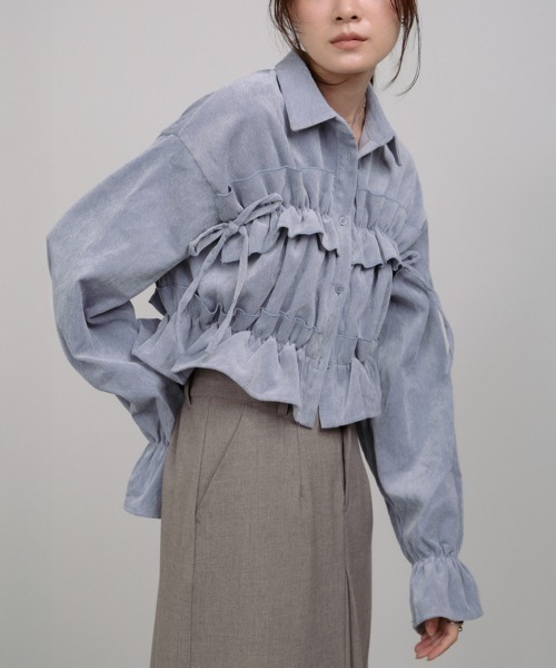 Bab（バブ）の「コーデュロイシャーリングリボンショートブラウス（シャツ/ブラウス・レディース・ブラック/アイボリー/ブルー・M）」の17枚目の写真