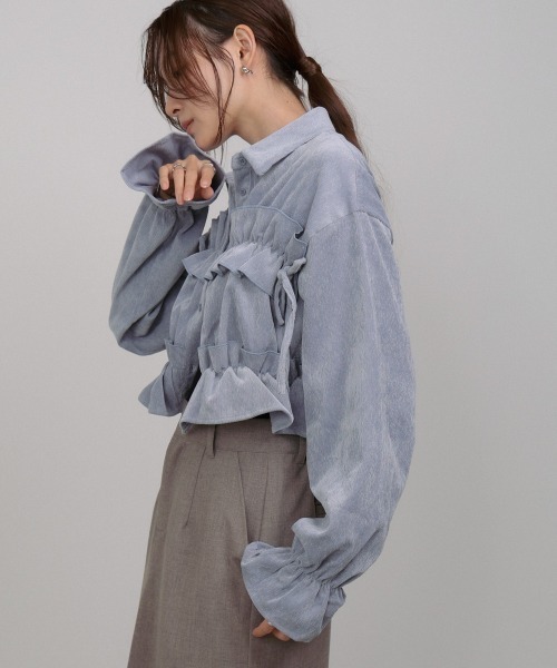 Bab（バブ）の「コーデュロイシャーリングリボンショートブラウス（シャツ/ブラウス・レディース・ブラック/アイボリー/ブルー・M）」の21枚目の写真