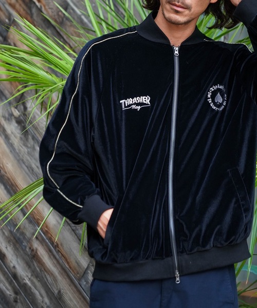 THRASHER(スラッシャー)の「VELOUR SOUVENIR JACKET/THRASHER スラッシャー ベロア スーベニアジャケット ブルゾン 刺繍 フレイムロゴ スケート ストリート Y2K レトロ ユニセックス(スカジャン・メンズ・ブラック・MEDIUM/LARGE/X-LARGE)」の12枚目の写真