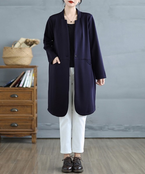 sandro サンドロ 完売 ノーカラー コート ネイビー 金ボタン sandro