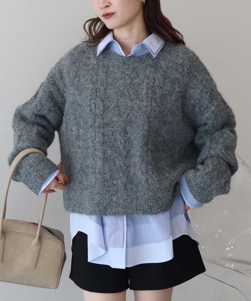 earth music&ecology（アースミュージックアンドエコロジー）の「モヘヤタッチケーブルニットプルオーバー（ニット/セーター・レディース・レッド/杢グレー/アイボリー・FREE）」の3枚目の写真