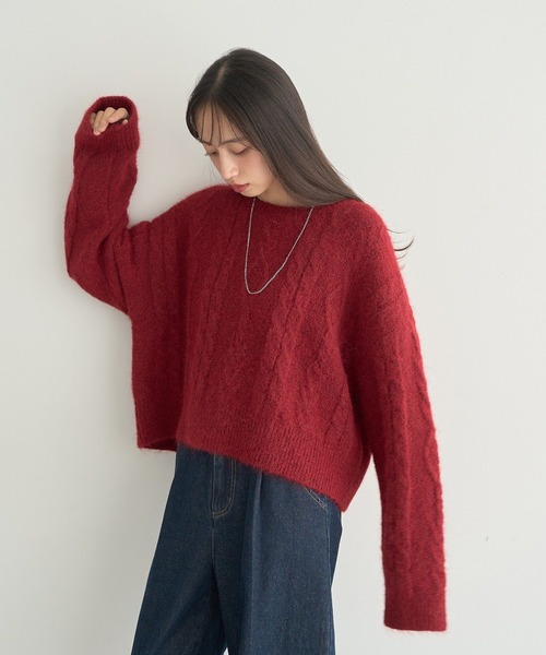 earth music&ecology（アースミュージックアンドエコロジー）の「モヘヤタッチケーブルニットプルオーバー（ニット/セーター・レディース・レッド/杢グレー/アイボリー・FREE）」の21枚目の写真