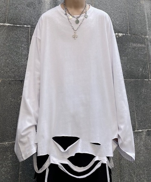 SHIBUYA Zy.(シブヤジー)の「RIP STREAM裾ダメージロングTシャツ(Tシャツ/カットソー・メンズ・ホワイト/ブラック/グレー・M/L/XL)」の4枚目の写真