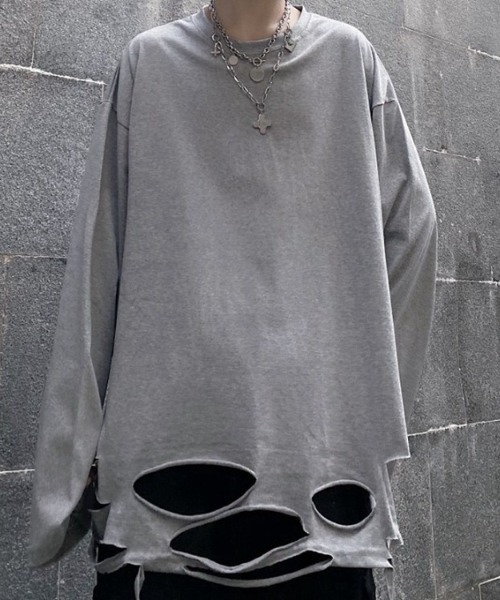 SHIBUYA Zy.(シブヤジー)の「RIP STREAM裾ダメージロングTシャツ(Tシャツ/カットソー・メンズ・ホワイト/ブラック/グレー・M/L/XL)」の6枚目の写真