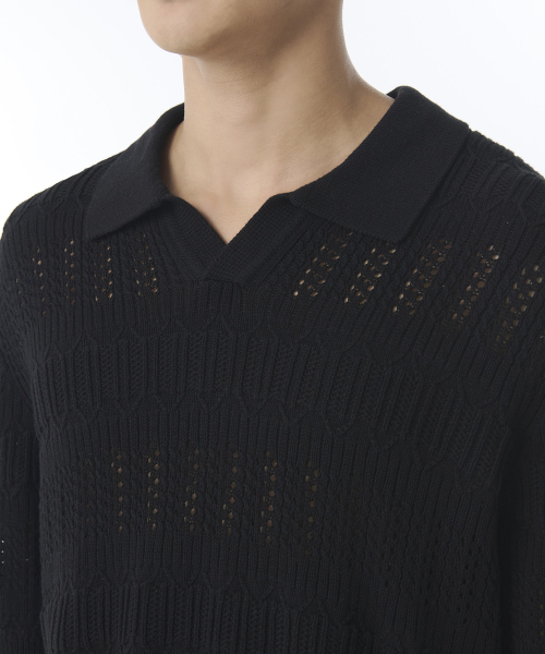 MUSINSA STANDARD（ムシンサスタンダード）の「マルチクロシェスリットネックニットポロシャツ[ブラック]（ニット/セーター・メンズ・その他・SMALL/MEDIUM/LARGE/X-LARGE/XX-LARGE）」の3枚目の写真