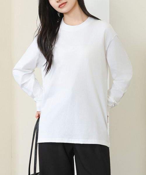 DAYRA(デイラ)の「コットン クルーネック 袖口 切替 カットソー(Tシャツ/カットソー・レディース・ホワイト/ブラック・S/M/XL)」の1枚目の写真