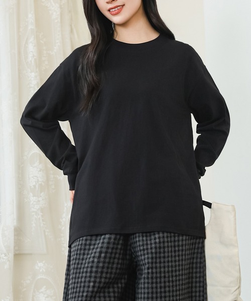 DAYRA(デイラ)の「コットン クルーネック 袖口 切替 カットソー(Tシャツ/カットソー・レディース・ホワイト/ブラック・S/M/XL)」の4枚目の写真