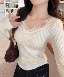 ＆soiree（アンドソワレ）の「レースボタンスリムニットトップス（ニット/セーター・レディース）」