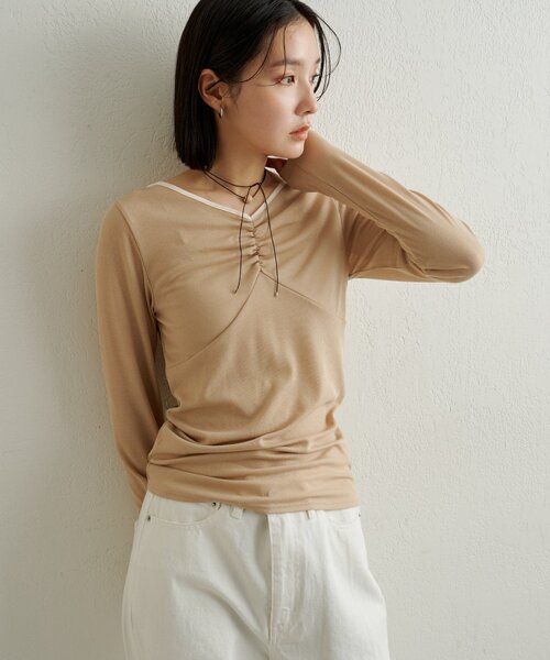 Omekashi（オメカシ）の「サテンバインダーロングTシャツ（Tシャツ/カットソー・レディース・ベージュ/ブラック/ブルー/オフホワイト・FREE）」の3枚目の写真