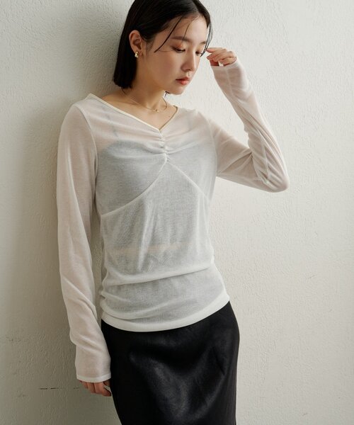 Omekashi（オメカシ）の「サテンバインダーロングTシャツ（Tシャツ/カットソー・レディース・ベージュ/ブラック/ブルー/オフホワイト・FREE）」の2枚目の写真