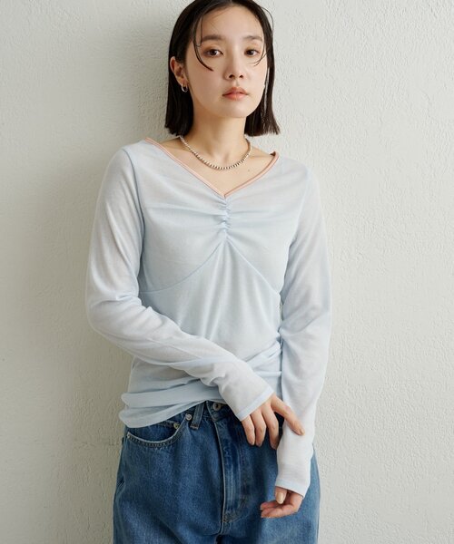 Omekashi（オメカシ）の「サテンバインダーロングTシャツ（Tシャツ/カットソー・レディース・ベージュ/ブラック/ブルー/オフホワイト・FREE）」の4枚目の写真