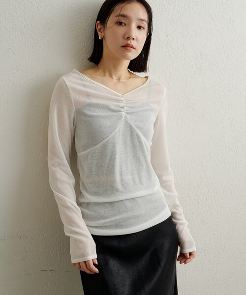 Omekashi（オメカシ）の「サテンバインダーロングTシャツ（Tシャツ/カットソー・レディース・ベージュ/ブラック/ブルー/オフホワイト・FREE）」の6枚目の写真