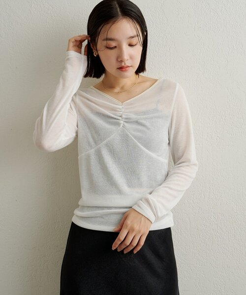 Omekashi（オメカシ）の「サテンバインダーロングTシャツ（Tシャツ/カットソー・レディース・ベージュ/ブラック/ブルー/オフホワイト・FREE）」の7枚目の写真