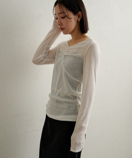 Omekashi（オメカシ）の「サテンバインダーロングTシャツ（Tシャツ/カットソー・レディース・ベージュ/ブラック/ブルー/オフホワイト・FREE）」の10枚目の写真