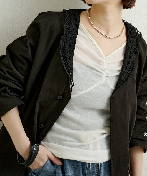 Omekashi（オメカシ）の「サテンバインダーロングTシャツ（Tシャツ/カットソー・レディース・ベージュ/ブラック/ブルー/オフホワイト・FREE）」の13枚目の写真