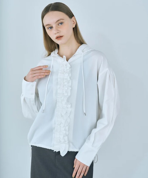 merrylatte（メリーラテ）の「drawstring Frill Hoodie（パーカー・レディース・ホワイト/ブラック・FREE）」の14枚目の写真