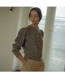 Paisley puff cable round-neck cardigan_3color