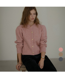 Paisley puff cable round-neck cardigan_3color