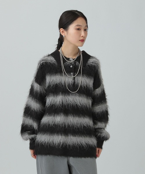 LEPSIM(レプシィム)の「5ゲージシャギーボーダーポロ 640305(ニット/セーター・レディース・ブラック系その他/グレー系その他/ベージュ系その他・FREE)」の2枚目の写真