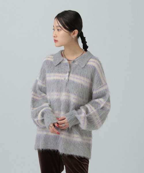 LEPSIM(レプシィム)の「5ゲージシャギーボーダーポロ 640305(ニット/セーター・レディース・ブラック系その他/グレー系その他/ベージュ系その他・FREE)」の1枚目の写真