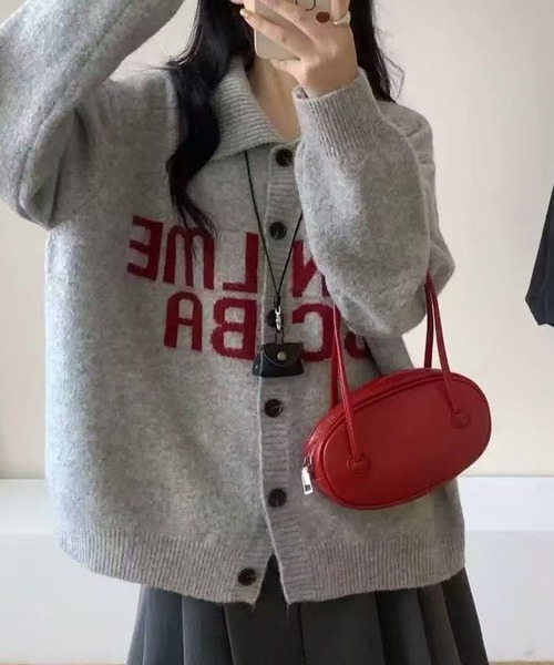 ROGER AND RAW（ロジャーアンドロウ）の「ロゴジャガード襟付きニットトップス カーディガン（カーディガン/ボレロ・レディース・ネイビー/チャコールグレー/グレー/ライトベージュ・FREE）」の7枚目の写真