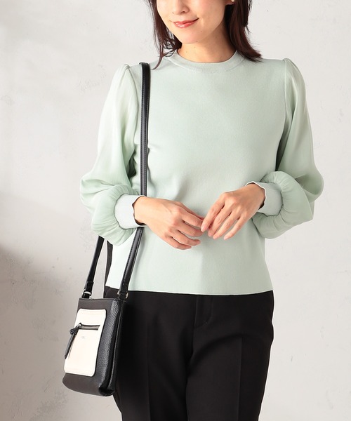 GALLORIA（ギャローリア）の「【洗濯機で洗える】袖異素材ニット（ニット/セーター・レディース・ライトグリーン/ブラック・L/LL/M/S）」の2枚目の写真