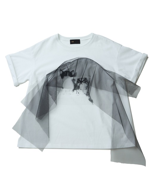 mien（ミアン）の「【mien】チュールmixキャットプリントTee（Tシャツ/カットソー・レディース・ブラック/ホワイト・38）」の2枚目の写真