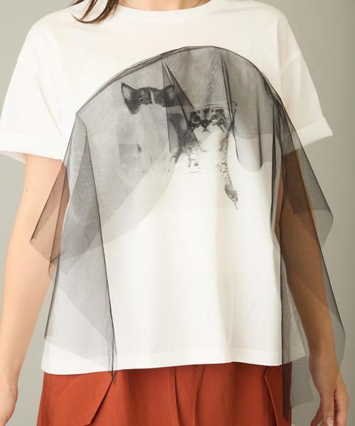 mien（ミアン）の「【mien】チュールmixキャットプリントTee（Tシャツ/カットソー・レディース・ブラック/ホワイト・38）」の3枚目の写真