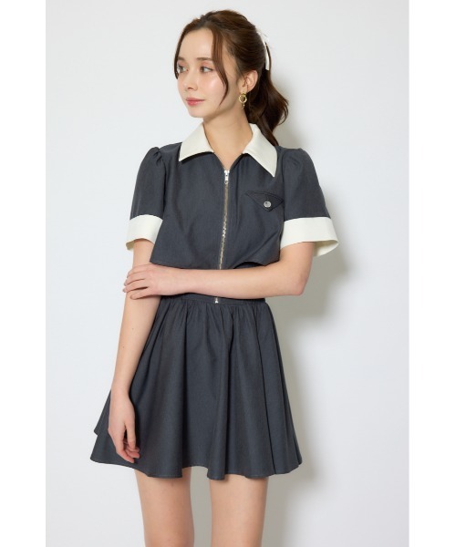 バストディティールフレアミニワンピース 春服 夏服（シャツワンピース