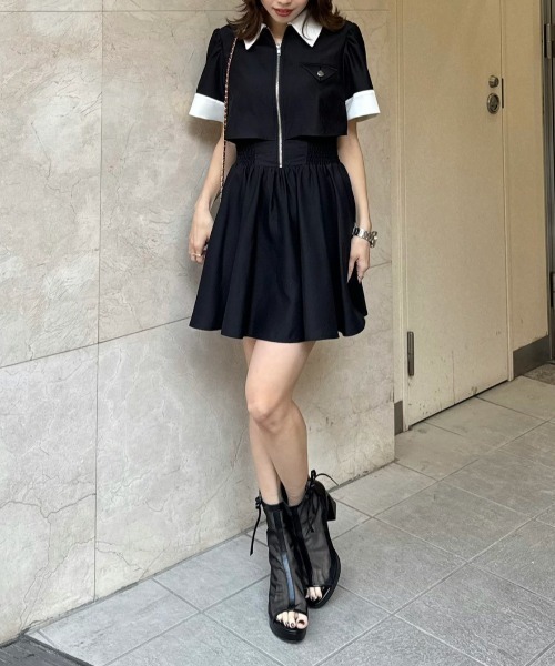 バストディティールフレアミニワンピース 春服 夏服（シャツワンピース