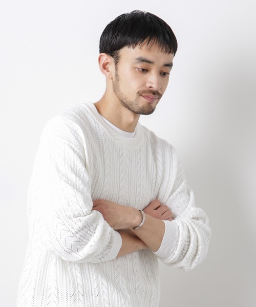 NANO universe(ナノユニバース)の「「ASSEMBLANC」コードヤーンシアーケーブルニット(ニット/セーター・メンズ・ホワイト/ライトグリーン/ネイビー・M/L)」の2枚目の写真