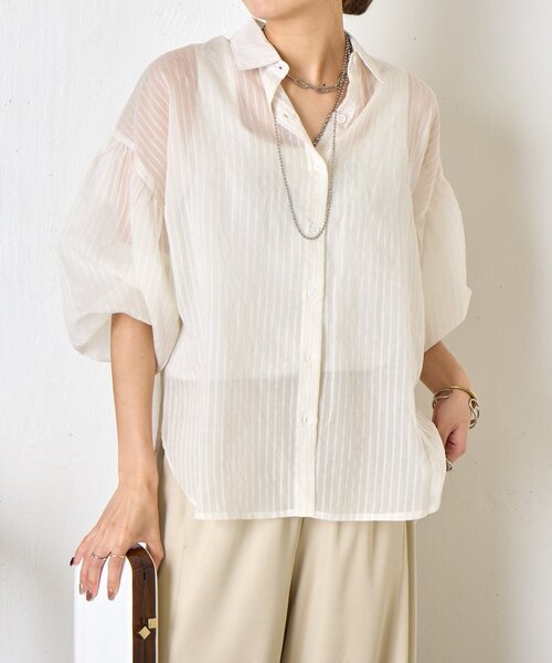 Jena espace merveilleux(ジェナ エスパスメルヴェイユ)の「【体系カバー◎】シアーストライプチュニックシャツ(シャツ/ブラウス・レディース・オフホワイト/イエロー/ブラック・FREE)」の2枚目の写真